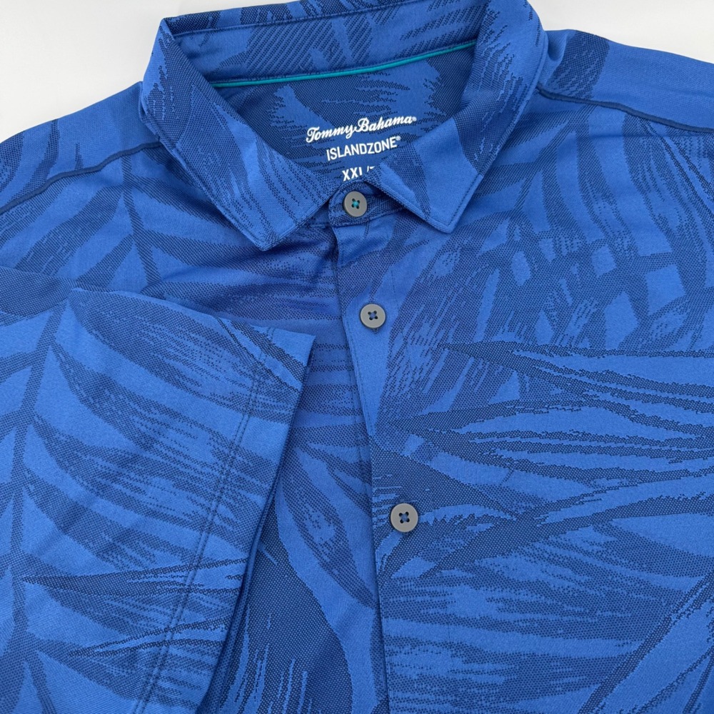 Tommy Bahama IslandZone Mens XXL Blue‎ Tropical Palm Leaf Mesh Polo Shirt